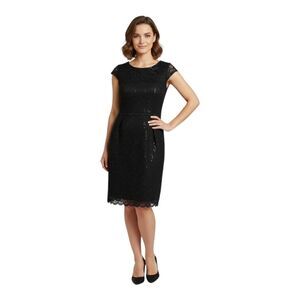 Alex Evenings Cocktail Dress sequined lace overlay tulip Black cap sleeves 12P